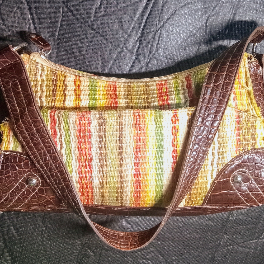 Multicolor Woven Shoulder Bag with Brown Leather Handles & Accents